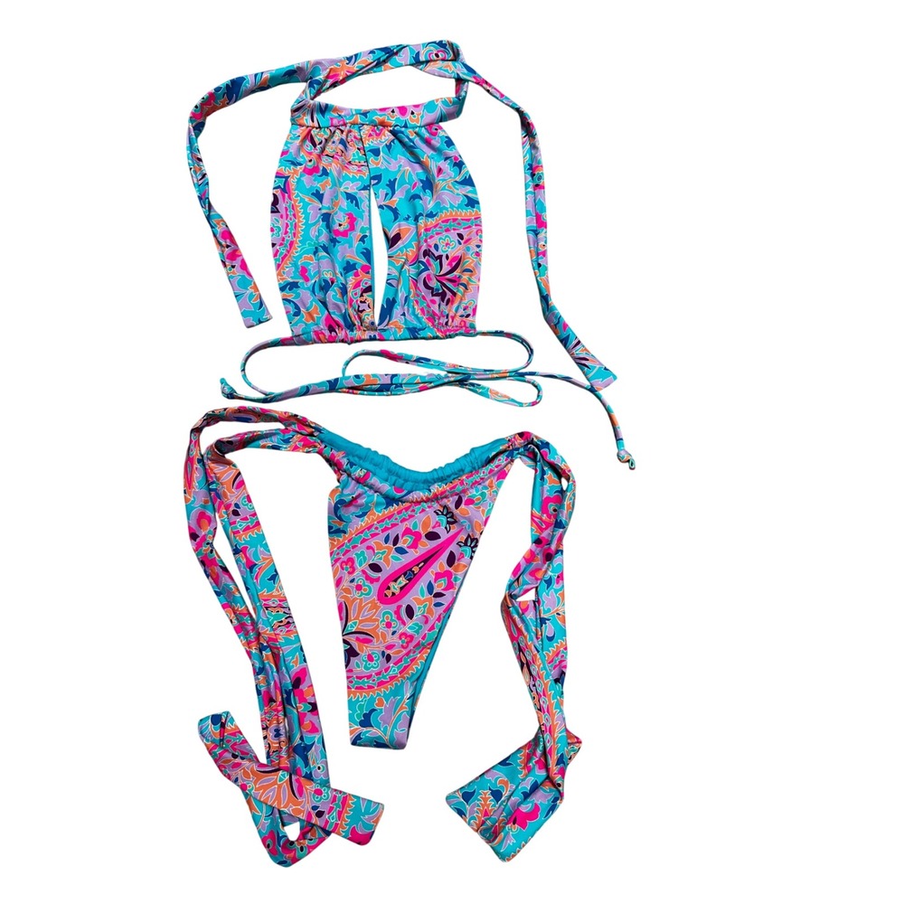 Frankies Bikinis Set Small Paisley Floral Halter Keyhole Wrap Top Tie Side